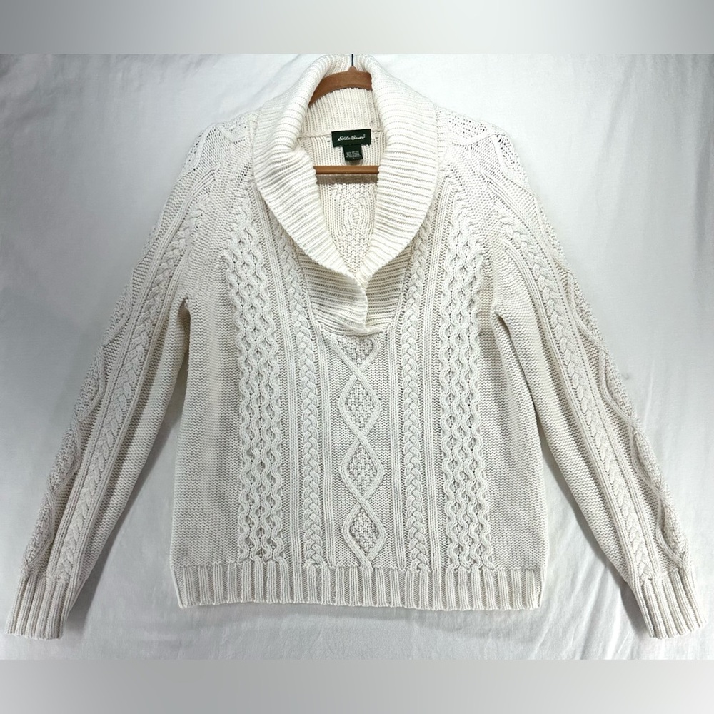 Eddie Bauer Women's Large Sweater Cream Shawl Collar‎ Cable Knit